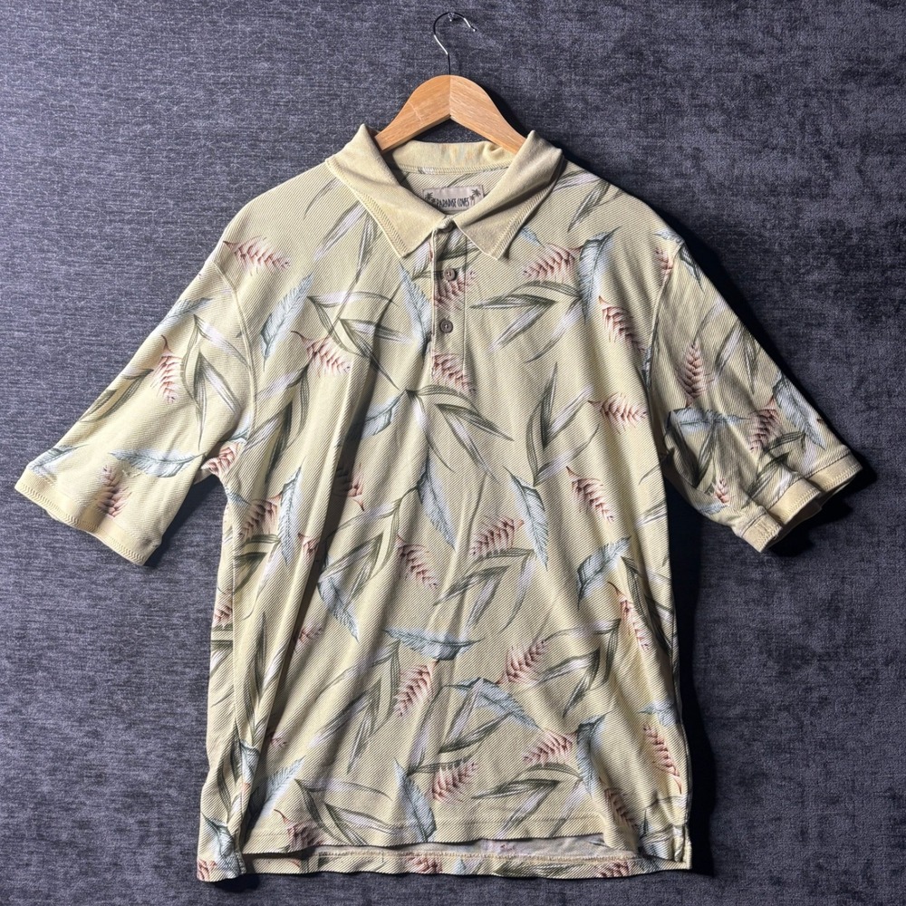 Paradise Coves Mens XL Silk Cotton Tropical Floral Ribbed Polo Shirt Yellow